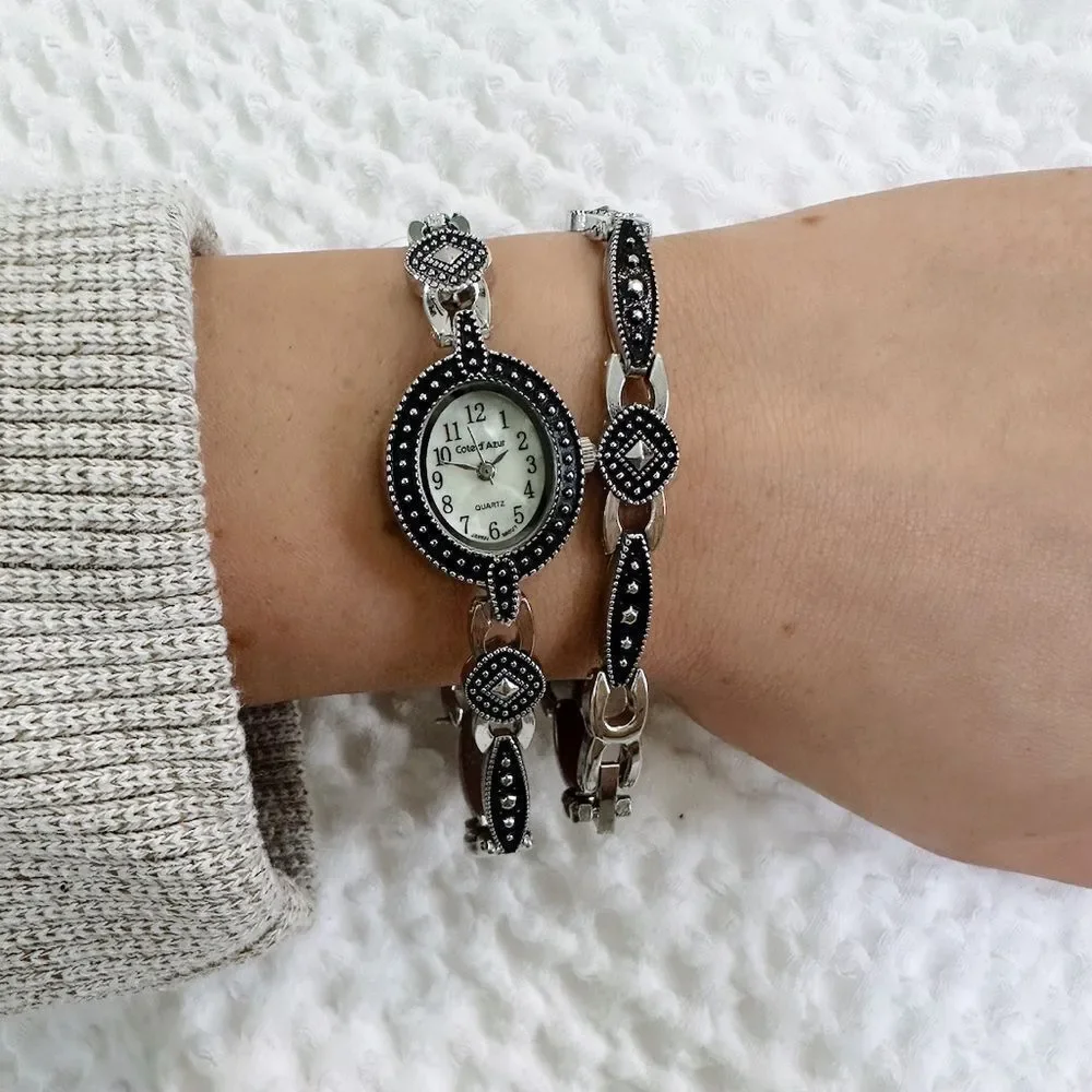 Vintage Coted Azur Black and Silver Watch and Bracelet Set